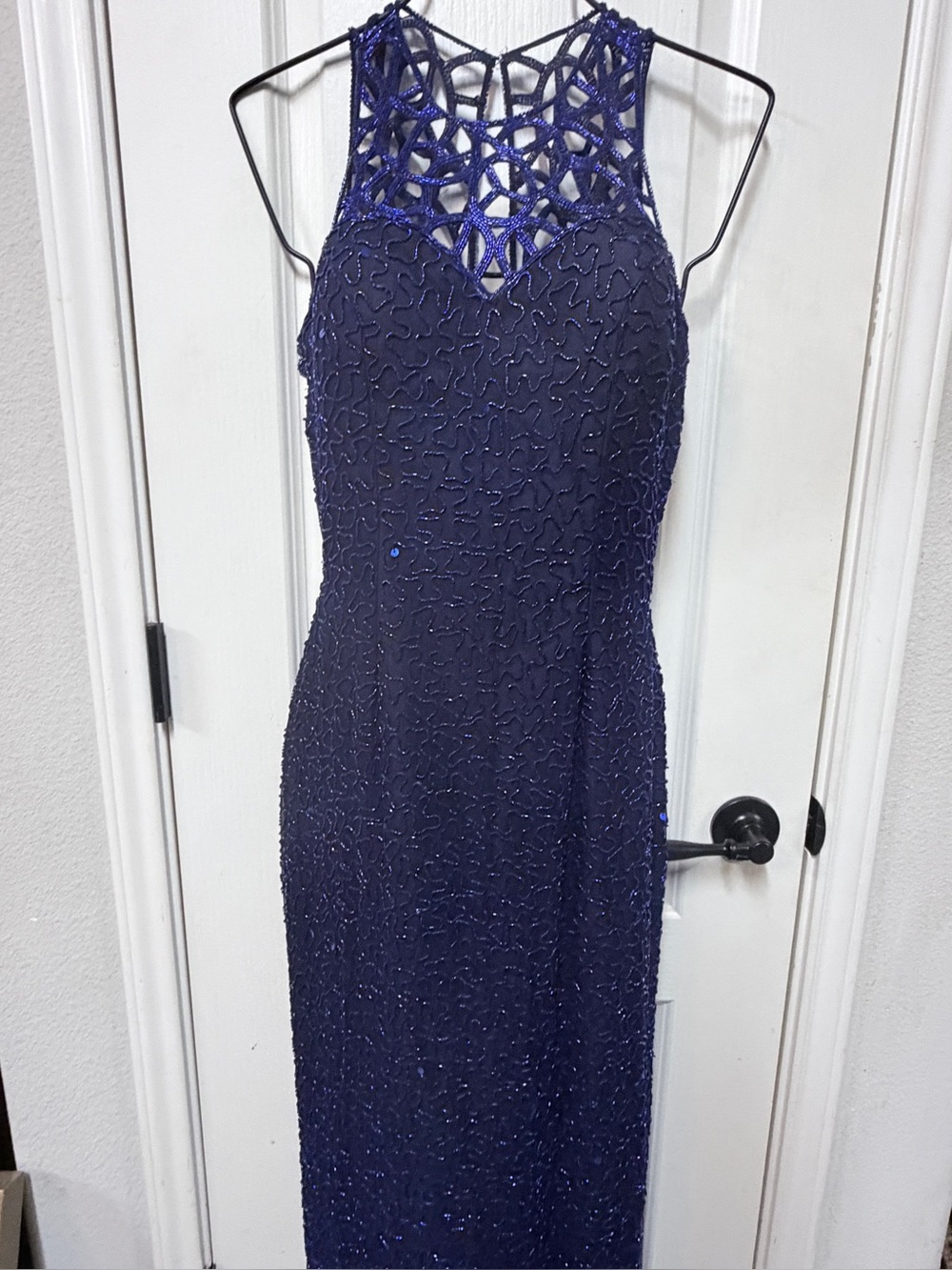 SCALA Vintage 100% Silk Beaded Navy Blue High Neck Formal Evening Gown Dress S